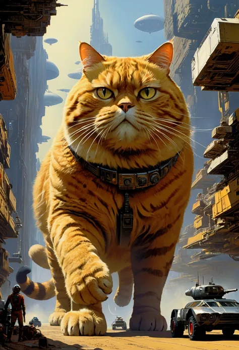 Giant fat Cat, full body, outdoor, by tim_white and Chris_Foss and John_Harris and Stephan Martiniere and John_Berkey, cinematic still, (best quality, masterpiece), very aesthetic, perfect composition, intricate details, ultra-detailed, vivid colors