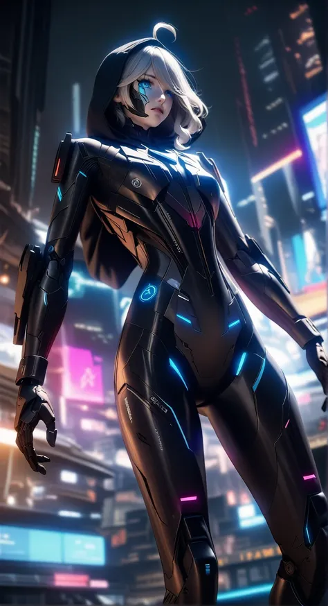 photoreal,HDR,official art,masterpiece,dystopian aesthetic, 1girl,solo,furina genshin impact ,cyberpunk assassin,hooded figure, futuristic cyborg, robotic body,dark atmosphere, high-tech armor, fractured metal skin, sci-fi concept art,advanced technology,c...