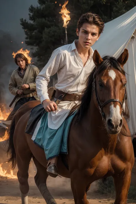 A 18-year-old male twink with a cute angel face with makeup and black hair, wearing a medieval shirt with ties, a v-neck, and long sleeves, aquamarine, and white medieval pants. He is on the battlefield, riding on a horse, carrying a sword.  He goes up wit...