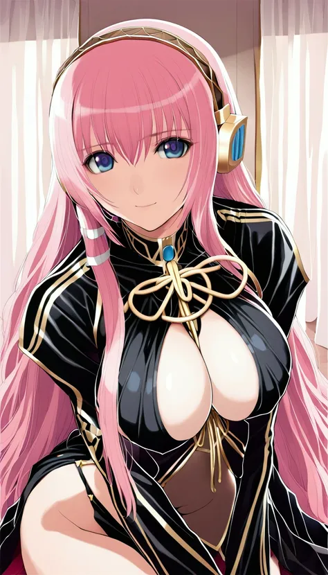 masterpiece,Beautiful adult woman ,Megurine Luka,E cup breasts,Pink long hair,blue eyes,headphone,Megurine Luka&#39;s official costume,Black costume,Gold decoration,smile,front,Bedroom,