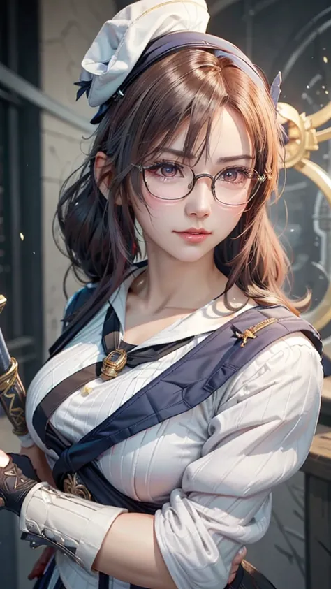 a close up of a woman with a sword and a sailor hat, a character portrait inspired by Li Shida, pixiv contest winner, extremely detailed artgerm, artgerm. high detail, using eye glasses