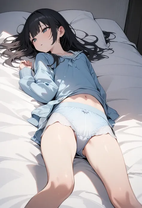 high quality, 最high quality、 Stylish design, (((The cutest girl))), ((Thin legs))、(((最high quality))), High resolution, ((detailed)), ((masterpiece)), ((Super detailed)), 14-year-old girl、Black Hair、Inner Color、((Lying on your back in bed)),((Light clothin...