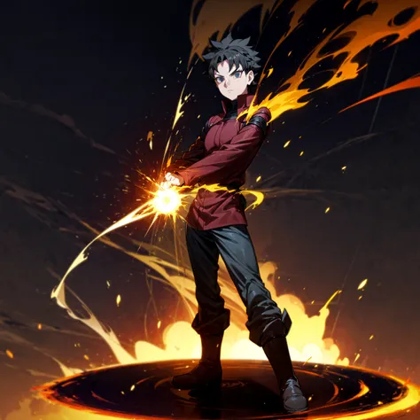 1boy, Full body version, 1character, blue eyes, short haircut, black color hair, soldier style outfit, boots, Grassroots, full background in fire tornado, motion blur, (Hunter x Hunter style art), standing gesture, big fire on hand, lighting fire in hand, ...