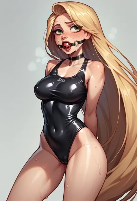   Rapunzel . . Ball gag.  . .  Black Latex swimsuit . Sweating 