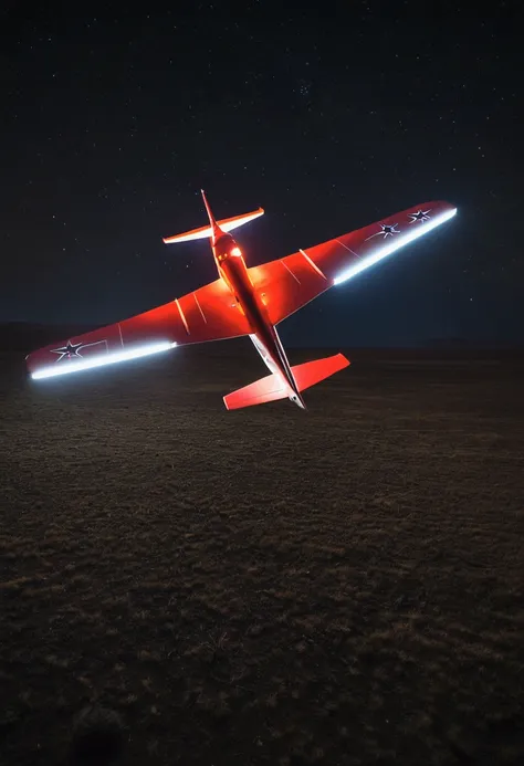 Radio-controlled Wing type airplane flies high on a starry night in the sky over the steppe and illuminates the ground from the air with a red beam of light that highlights a square on the ground and shows the silhouette of guanacos highlighted by the beam...