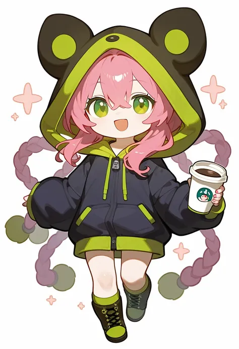 score_9,score_8_superior,score_7_superior,One girl,Pink Hair,alone,hood chibi,bangs,Smile,smile,holding a coffee cup,standing,full body,posing,Open your mouth,In-person audience,hoodie,Wearing a hood,Long sleeve,Hair between the eyes,Sleeves are longer tha...