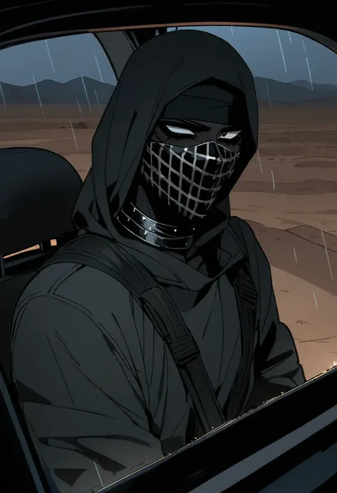 Male arab modern terrorist, terrorist, black balaclava, black bandage, black clothes, thin waist, femboy, light skin, makeup, black eyeliner, big eyelashes, black eyeshadow, choker, inside the car, desert, night, rain