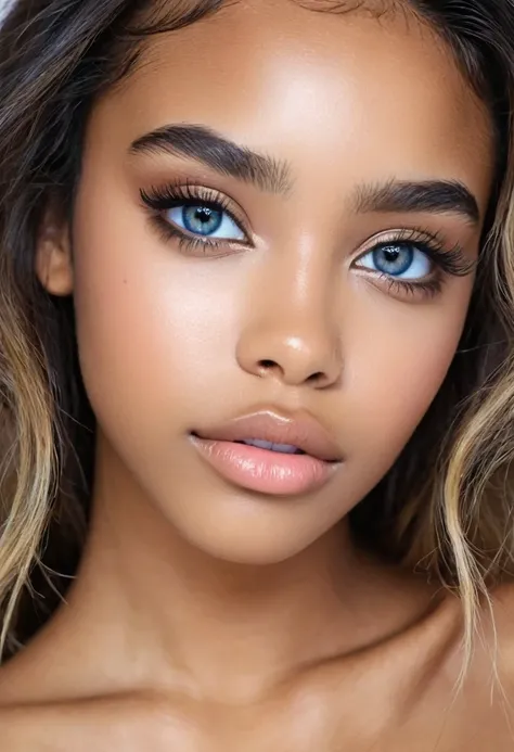 une jeune femme noire de 23 ans, hanches épaisses, tout le corps, vetements décontractés, yeux bleus, Beaux yeux détaillés, belles lèvres détaillées, yeux et visage extrêmement détaillés, long cils, éclairage naturel, photoRéaliste, 8k, haute qualité, Déta...