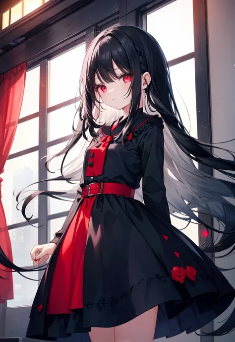 A girl with long black hair and red eyes wearing cute dress    (mature girl),