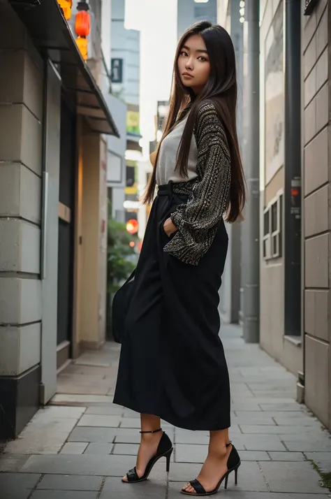 full body shot of a woman wearing the latest fashion outfit doing random photoshoot pose, asian girl, asian girl with long hair, trending korean fashion, trending japanese fashion, beautiful asian girl, chinese girl, beautiful south korean woman, a young a...