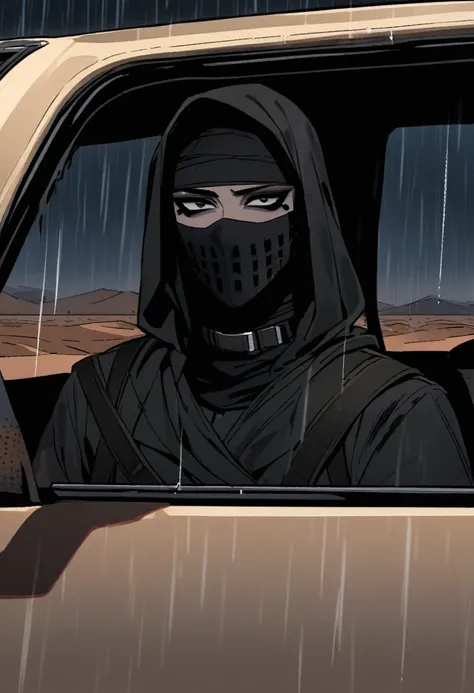 Male arab modern terrorist, terrorist, black balaclava, black bandage, black clothes, thin waist, femboy, light skin, makeup, black eyeliner, big eyelashes, black eyeshadow, choker, inside the car, desert, night, rain