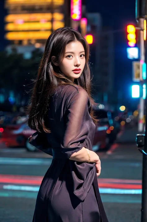 ((best quality)), ((masterpiece)), (Cinematic Aesthetic:1.4) Photo of a beautiful korean fashion model bokeh city night