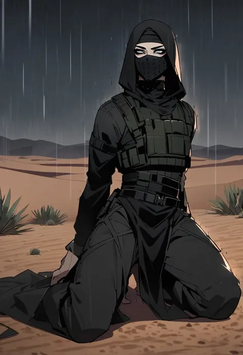 Male arab modern terrorist, terrorist, black balaclava, black bandage, black clothes, thin waist, femboy, light skin, makeup, black eyeliner, big eyelashes, black eyeshadow, choker, kneeling, desert, night, rain