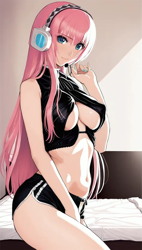 masterpiece,Beautiful adult woman ,Megurine Luka,E cup breasts,Pink long hair,blue eyes,headphone,Black erotic bra,Black erotic shorts,smile,front,Bedroom,