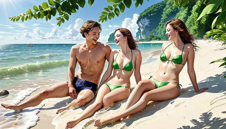 A high-resolution image of junge paare ganz nackt am fkk strand, with men having realistic penises and women with small breasts. The scene should be set on a sunny beach with crystal clear water, surrounded by lush greenery. The couples should be depicted ...