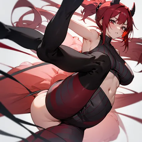 Crimson-haired anime demon girl wearing black and white striped leggings and a bikini, she is doing yoga and releasing a red fart