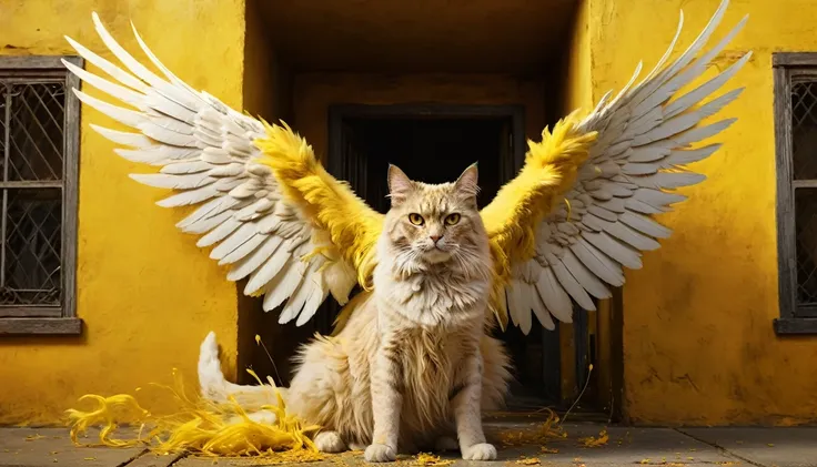 engulfed by yellow, a giant winged cat, infront of a miniature building, detailed feline anatomy, intricate feathered wings, maj...