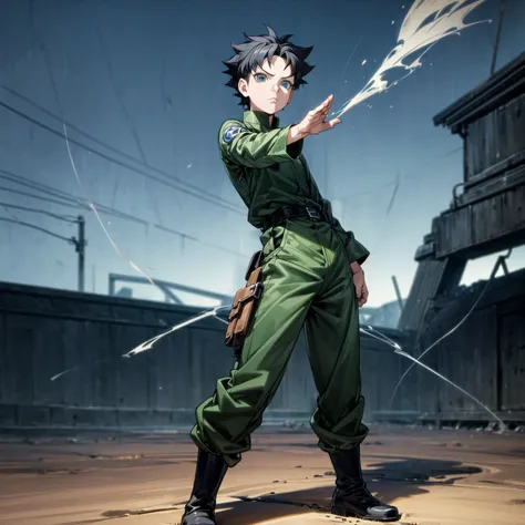 1boy, Full body version, 1character, blue eyes, short haircut, black color hair, soldier style outfit, boots, Grassroots, full background in city street, motion blur, (Hunter x Hunter style art), standing gesture, smoke on two hand