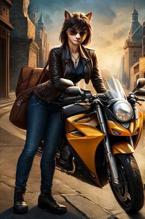 ((best quality)), ((masterpiece)), (detailed), perfect face , woman with bag ,with dark glasses on a motorcycle 