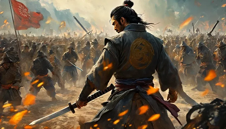 A samurai standing showing his back holding sword in his hand and the background is full of Chaos and war and people fighting, the atmosphere is tensed cinematic and give the tone orange