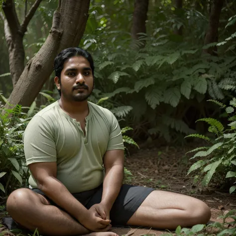 a 27 year old indian man, chubby face, moderate body weight, vegan, nature lover, eco-friendly, sitting in a lush green forest, meditating, peaceful expression, natural light, soft colors, detailed portrait, hyperrealistic, octane render, 8k, photo-realist...