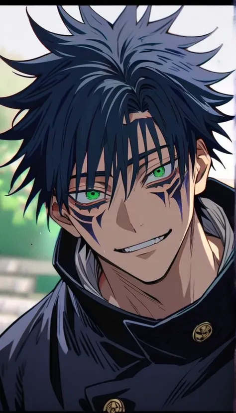 Captura de pantalla de jujutsu kaisen. Jujutsu Kaisen anime.
19 year old boy, clear skin, Jujutsu Kaisen, green eyes, navy blue hair with white tips, medium hair "long" above men, flirty face, cursed aura, Jujutsu Kaisen, anime