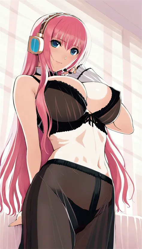 masterpiece,Beautiful adult woman ,Megurine Luka,E cup breasts,Pink long hair,blue eyes,headphone,Black sheer bra,Black see-through pants,smile,front,Bedroom,