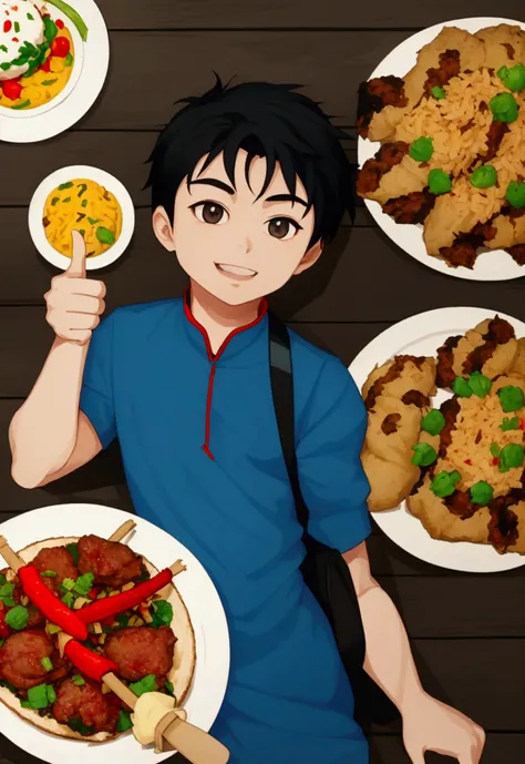 Cartoon Uyghur boy holding a plate of food and giving a thumbs up,Kebabs，bag