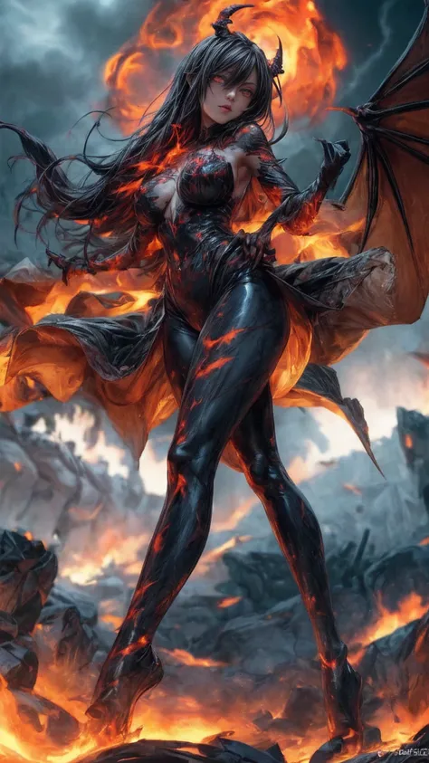 Storyboard, masterpiece, highest quality, dragonlady queen, perfect demoness, long legs, hourglass figure, curvy hips, bright red glowing eyes, detailed eyes (1.4), scars on face, villainous expression, flaming skin body with bioluminescent glowing pattern...