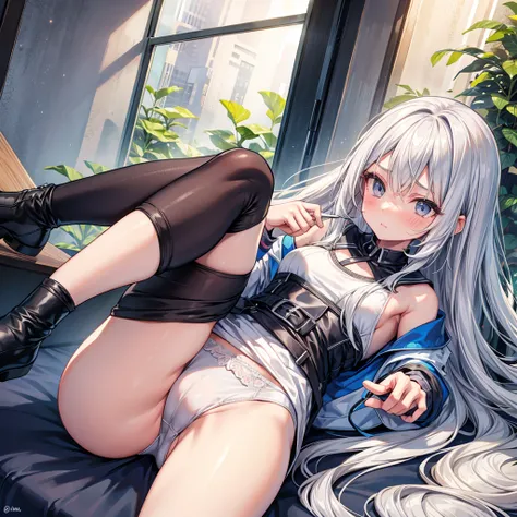 Leg spread　underwear　Silver Hair　long hair　Beauty　One person　Adult　Embarrassed