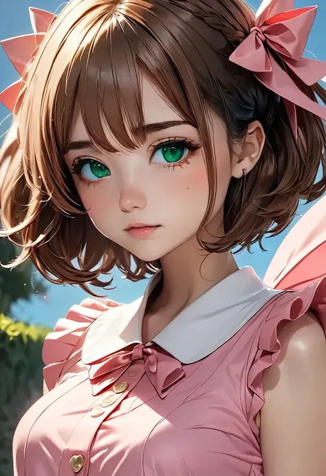 ((masterpiece)), ((Highest quality)), ((High resolution)), ((In detail)),((Highest quality, 8k, masterpiece)), kinomoto sakura, beautiful solo girl, cardcaptor sakura anime, short brown hair, emerald green eyes, pink outfit