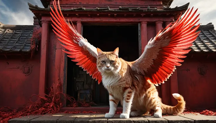 engulfed by red, a giant winged cat, infront of a miniature building, detailed feline anatomy, intricate feathered wings, majest...