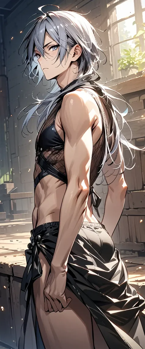 absurdres, highres, ultra detailed, super fine illustration, best quality, 1boy, perfect anatomy, male focus, solo, (dark-skinned:0.8) male, silver hair, long hair, black bikini, bare shoulders, bare arms, bare legs, &lt;lora:_L2090:-0.6&gt; &lt;lora:flat:...