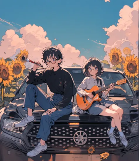 Anime couple sitting in the car，Sunflowers in the background, Boy holding a brush and looking into the distance，（Black short hair，wear glasses）Play the guitar，（Delicate face），masterpiece, high details, highres，