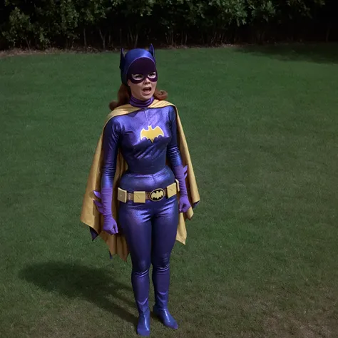 yvonne craig woman, she is desperate, blue lightnings electrocute her body. sparks on her waist. she is standing in pain with her shoulders shrugged, screaming with her eyes wide open looking to camera, she is in pain, we see her injures, 60s style, analog...