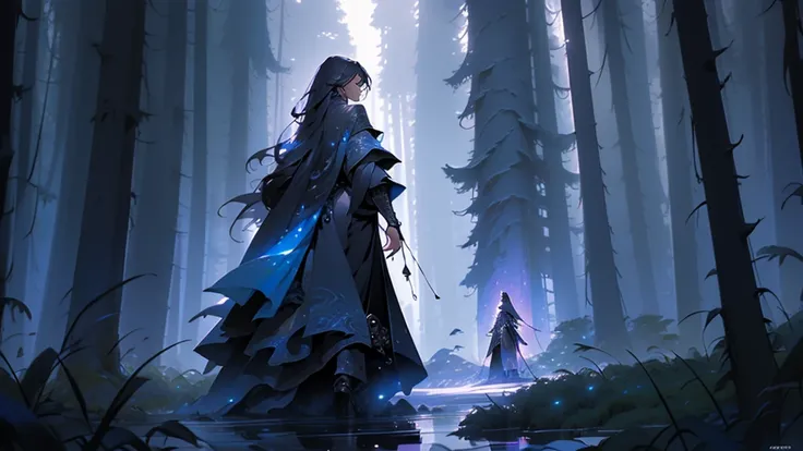 masterpiece, Best Quality, official art, 8K Wallpaper, Very detailed, illustration, magic, magician with long black tunic turning her back looking at the horizon, in a dark forest
