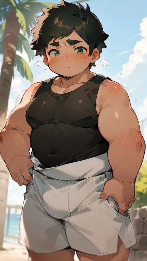 ((androgynous)), beautiful, (very short hair), (pudgy face), (thick),(ikemen), ((boyish)), (handsome), (chubby), belly, muscular, (beefy), (mischievous boy), (cool), (tank top), (tan), (sweaty), (hot summer)