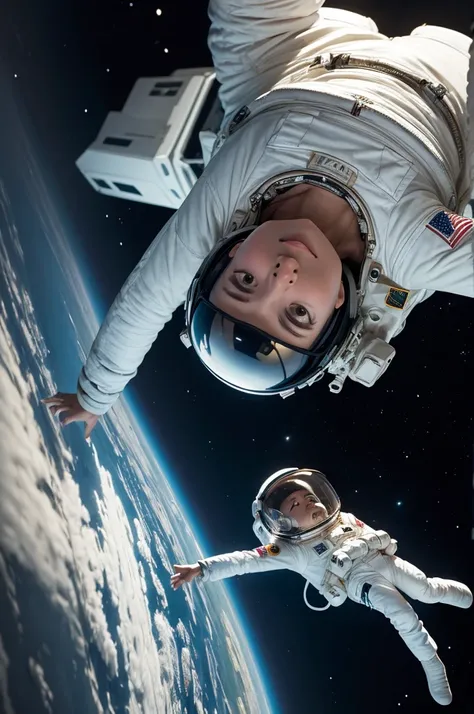 imageio: An astronaut floating in space, with a look of astonishment on his face.