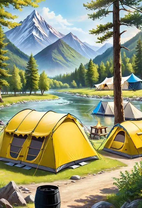 tents are set up on the shore of a river with mountains in the background, glamping, tent architecture, camping, campsites, interior of a tent, camp, barrel fires and tents, tent camp in foreground, adventuring gear, summer setting, next to a river, detail...