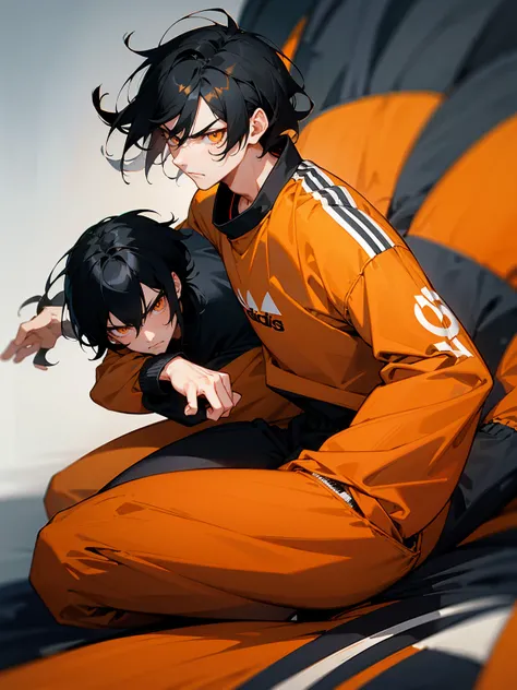 1male, black hair, straight hair, medium hair, orange eyes, black adidas track suit, dojo, Serious