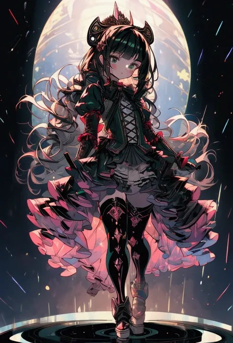 nsfw, masterpiece, best quality, ultra detailed, 15 years old, a girl, swordsman, long sword in hand, covered in wounds, {bloodstained}, {bandages}, gothic Lolita fashion , twin-tailed green and black hair, {tattered clothes}, medieval European battlefield...