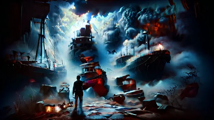 nathan drake of uncharted game standing showing his back and in his background there is a ship which is rusty and terrifying the...