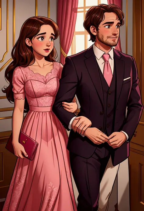 illustration of the couple from the film me before you. she is 28 years old with long brown hair, and wears a pink dress. he has...