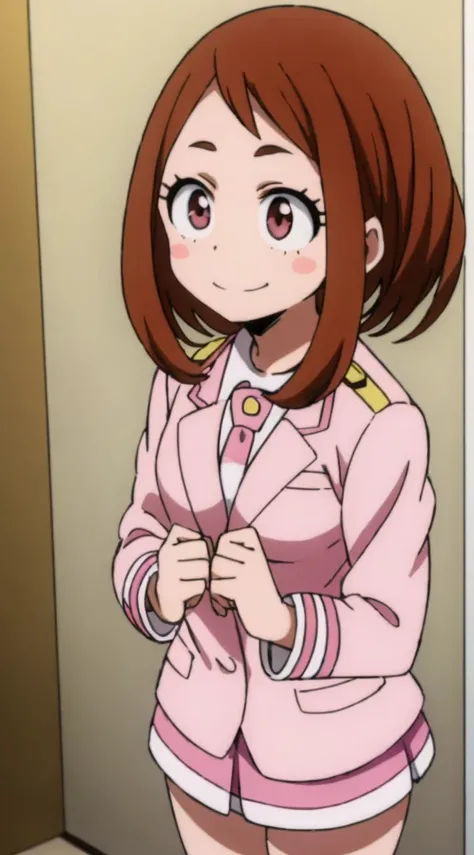 ochaco_uraraka, 1girl, solo, pink skirt suit, necktie, blush_stickers, pink pencil skirt, smile, pink blazer, long sleeves, white_shirt, blush, standing, indoors, office, full_body, high_heels (un bikini de color  rosa)