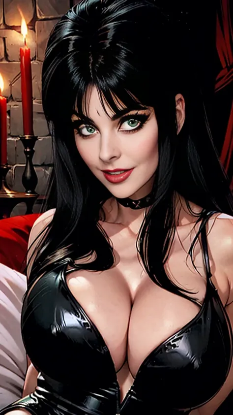 elvira(mistress of the dark),close up upper body,green eyes,long flowing black hair,big massive breasts,pokies,
black leather lo...