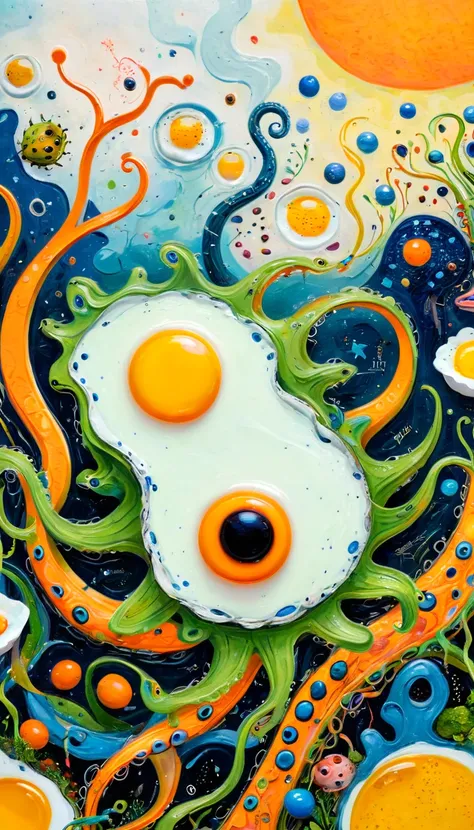 Childrens graffiti,Thick coating，Bump texture，Oil pastel strokes：poached egg，Fried Egg、Frosch、Tentacles、bird、Eye、diatom，Abstract mosaic painting，Describing the inner world of autistic people，Sense of space，White space，interesting，Innocence，Psychedelic Art，...