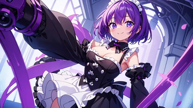 1 girl , short purple hair, cute eyes, wearing maid uniform , black and white maid uniform, smiling , normal size chest , high res, ultrasharp, 8K, masterpiece, looking at viewer