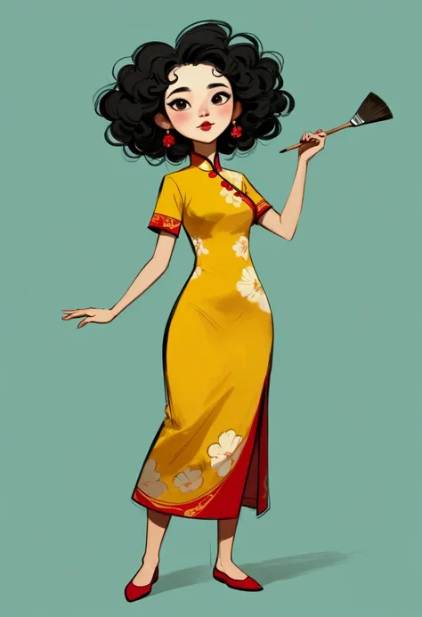 (((Exaggerated digital character sketches:1.37))).(1 Girl，Face paint，cheongsam，Solitary，Fluffy curly hair，(Exaggerated expression,)，(Black sketch lines，Loose brushstrokes create the outline，Cartoon Style. Bright colors and simplified lines, sketch)。(Exagge...