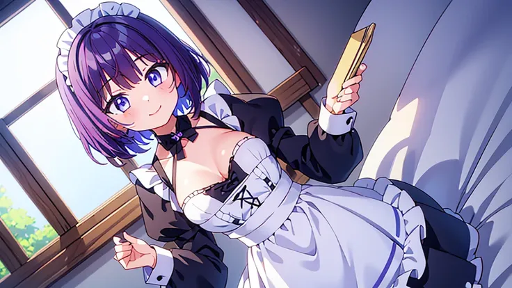 1 girl , short purple hair, cute eyes, wearing maid uniform , black and white maid uniform, smiling , normal size chest , high res, ultrasharp, 8K, masterpiece, looking at viewer