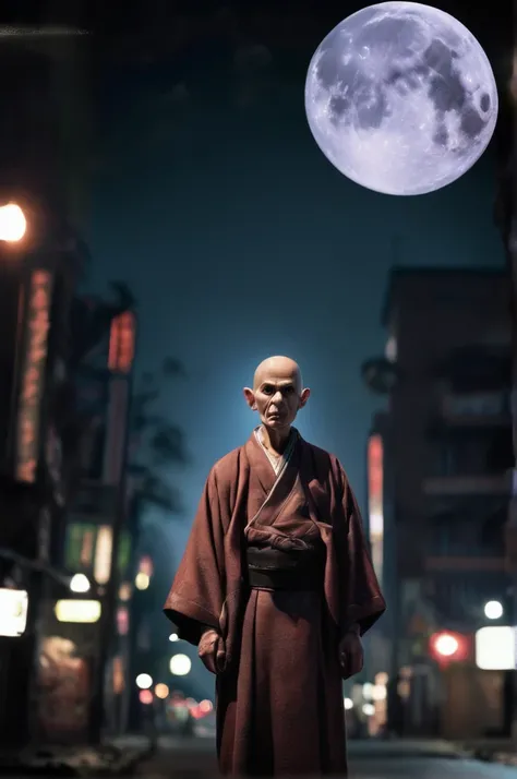 Steampunk night city、Full moon in the sky、Brilliant Light、Full Body Shot、Horror-themed movie stills,、A short, big-headed man of about 80 years old, Skinhead、No horns、Head enlargement（Head size 1:9）、(Full body portrait:1.3), Nurarihyon、Im wearing a kimono, ...